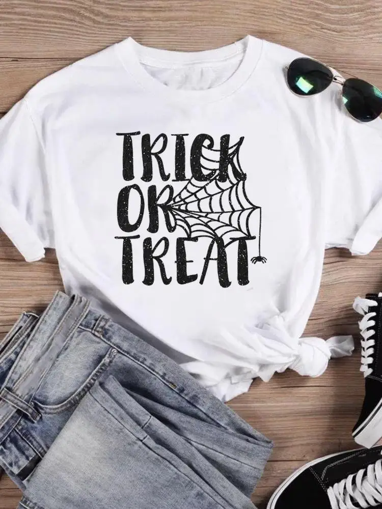 

Halloween Thanksgiving Festival Women Female Fashion Spider Web Lovely Clothing Short Sleeve T-shirts Print T Top Graphic Tee