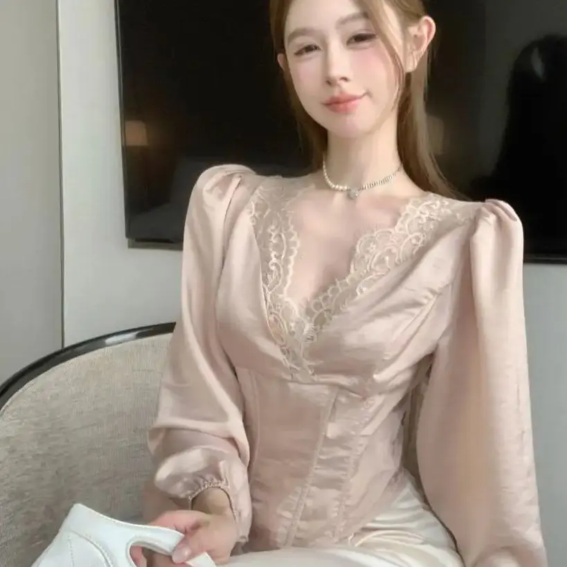 Женские рубашки элегантные кружевные края сексуальные облегающие шикарные