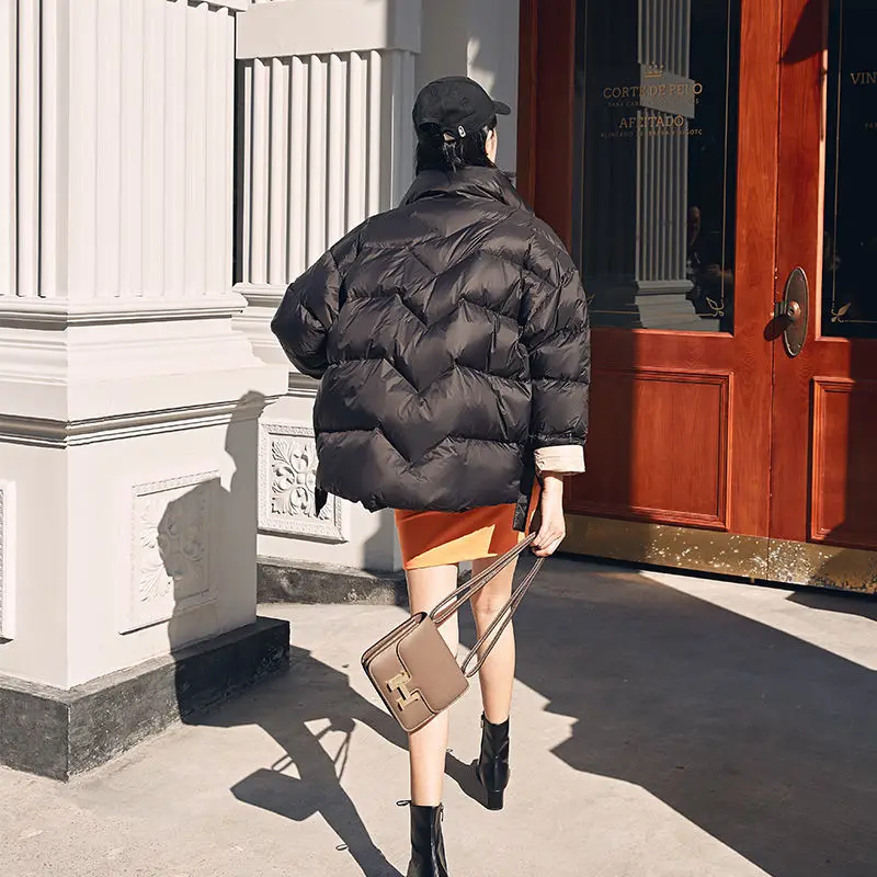 Down Jacket Women Winter Stand Collar Coat White Duck Down Warm Solid Down Coats Zipper New Pockets Outerwear Ladies M29