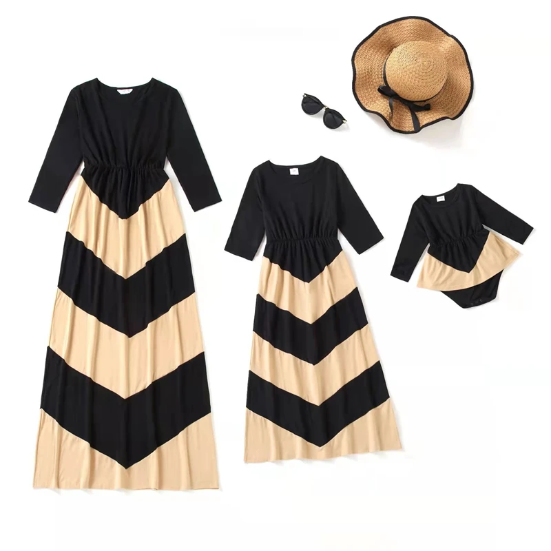 

Striped Mommy and Me Clothes Family Look Spring Mother Daughter & Baby Matching Dresses Long Sleeve Woman Girls Dress Outfits