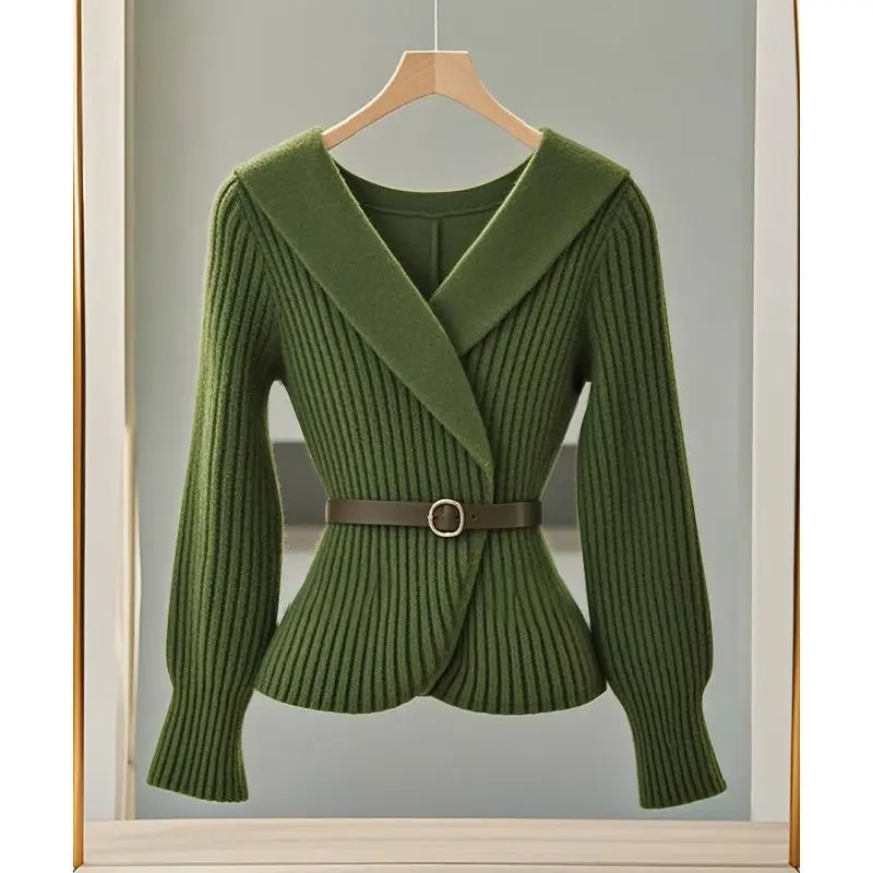 Осенне-зимний зеленый вязаный свитер с длинными рукавами во французском стиле