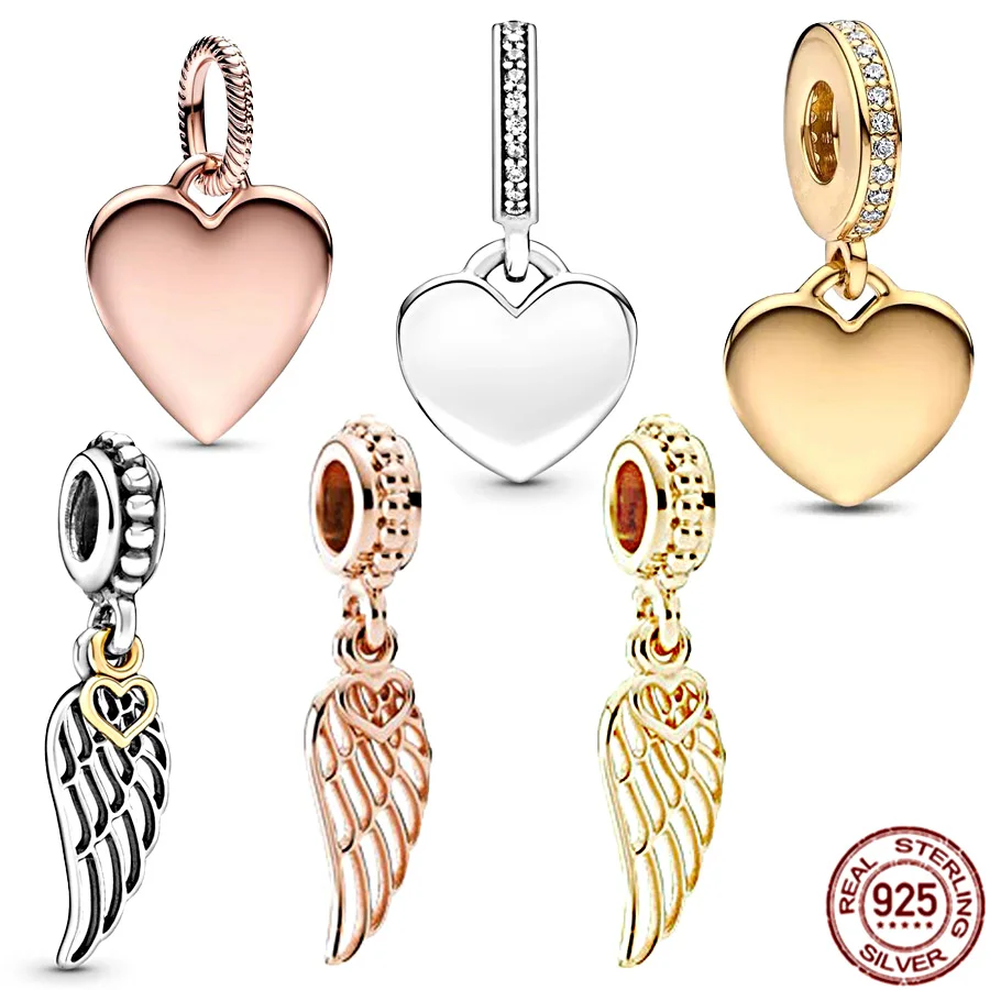 

NEW 925 Sterling Silver Angel Wing & Engravable Heart Tag Dangle Charm Bead Fit Original Pandora Bracelet DIY Women Jewelry Gift