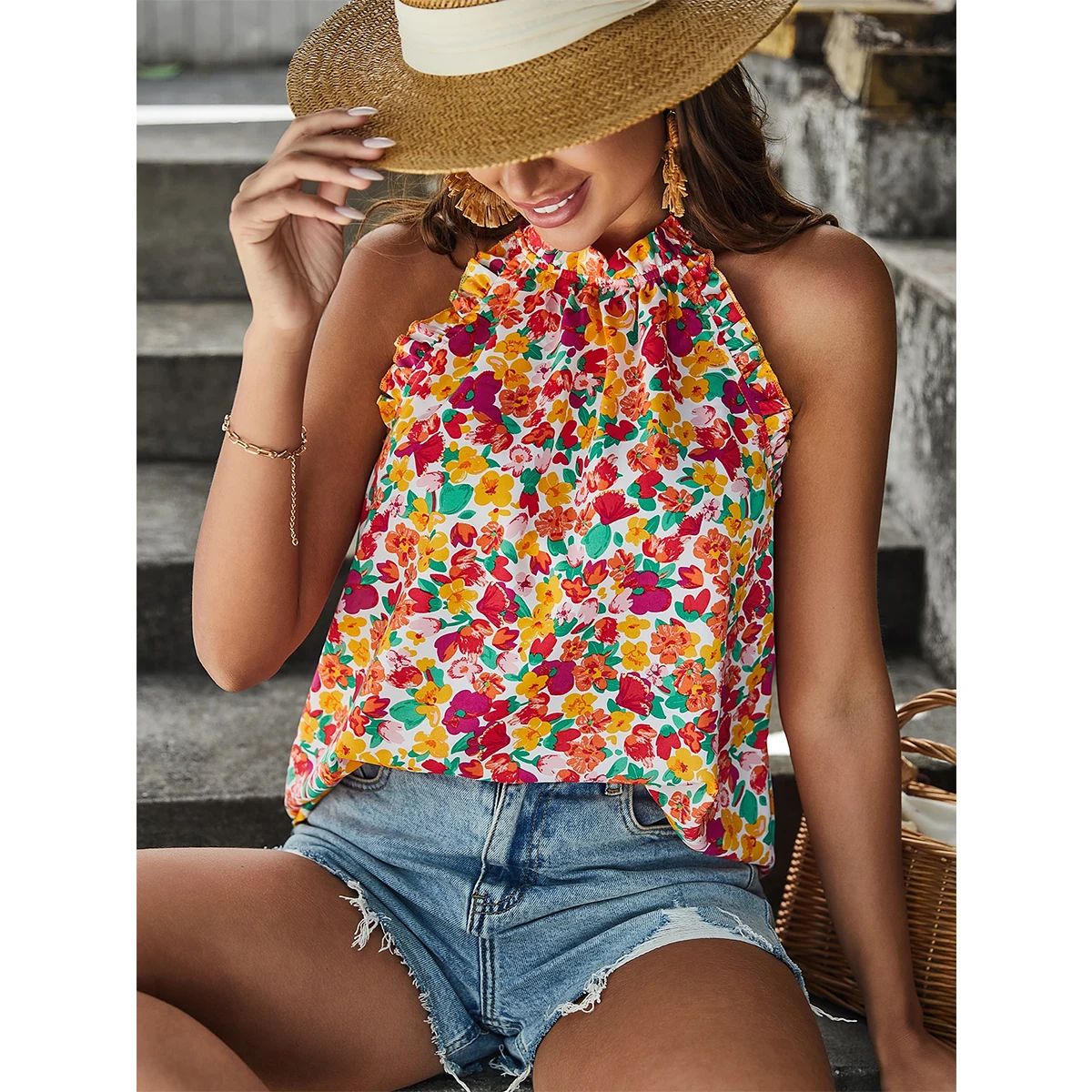 

Summer fashion retro color flower print off shoulder relaxed casual Crop Top TRAF Y2K women clothes