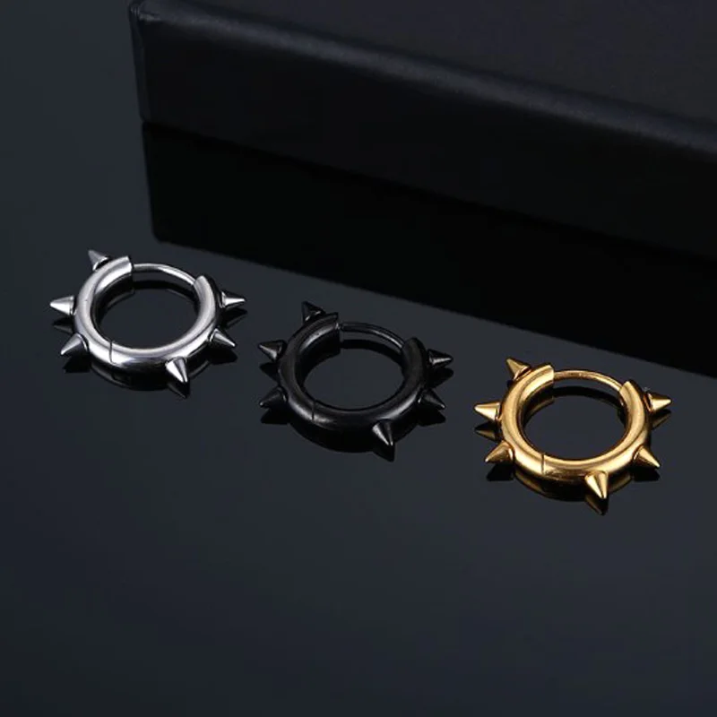 

Punk Circle Huggie Hoop Earring Spike Cone Tip Fake Piercing Earrings for Men Stainless Steel Unisex Jewelry