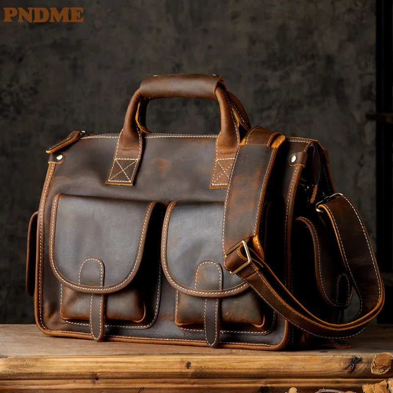 PNDME vintage high quality crazy horse cowhide men's briefcase business travel luxury genuine leather handbag work messenger bag