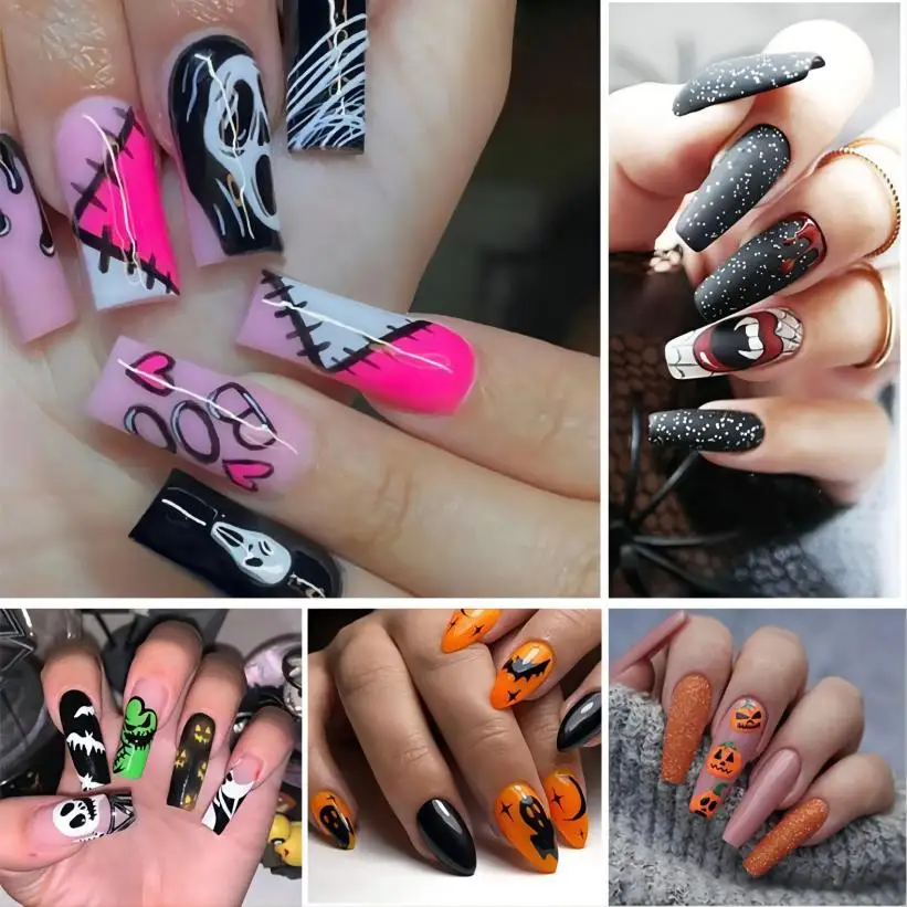 

Halloween False Nails Press on Set Almond Black Ghost Design Long Fake Nail Pumpkin Pressure Decorated Adhesive Nail Tips 24pcs