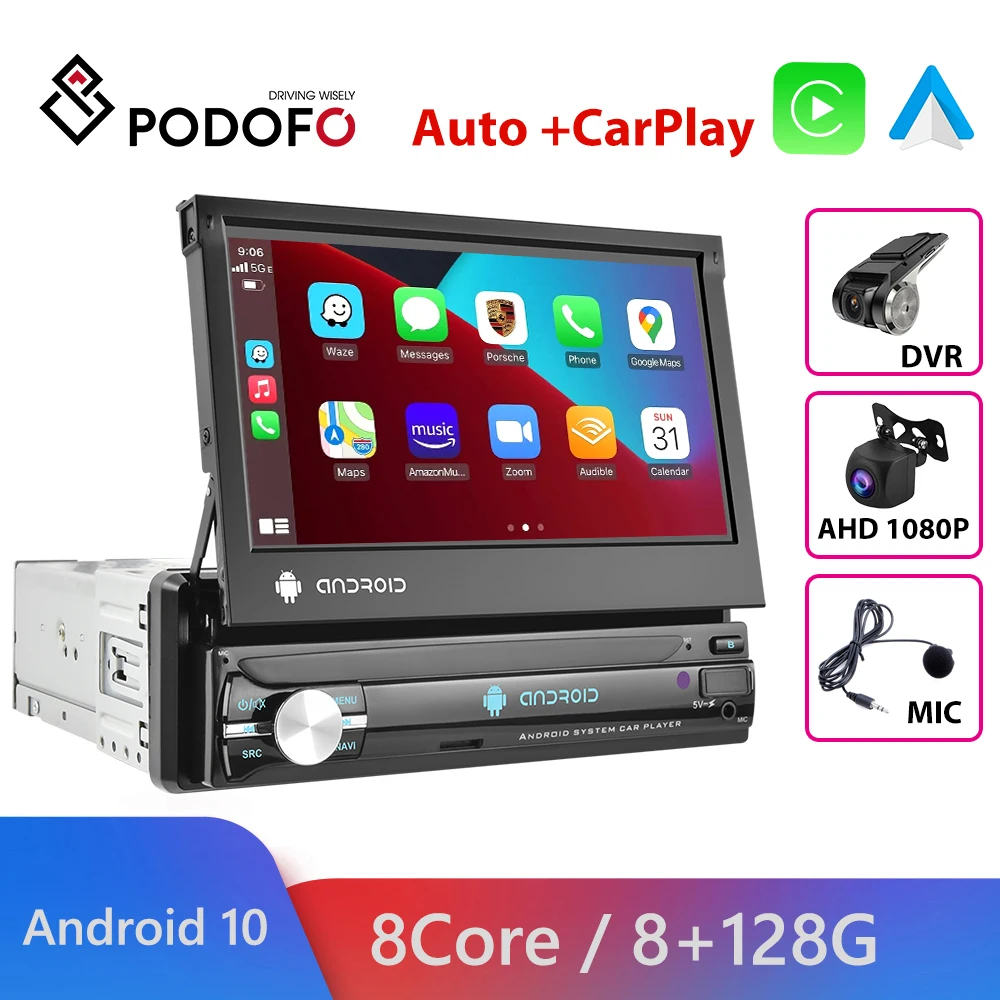 Podofo 1din автомобильный Радио CarPlay GPS навигация 7 &quotIPS выдвижной экран 1 Din Android 10