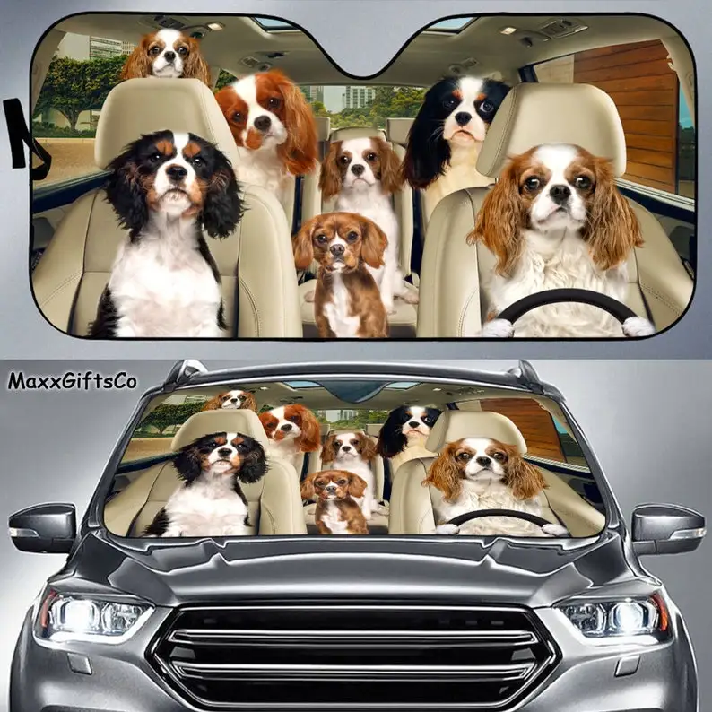 Cavalier King Charles Spaniel Auto Sonnenschutz, Hunde Windschutzscheibe, Hunde Familie Sonnenschirm, Hund Auto Zubehör, auto Dekoration, Geschenk Fo