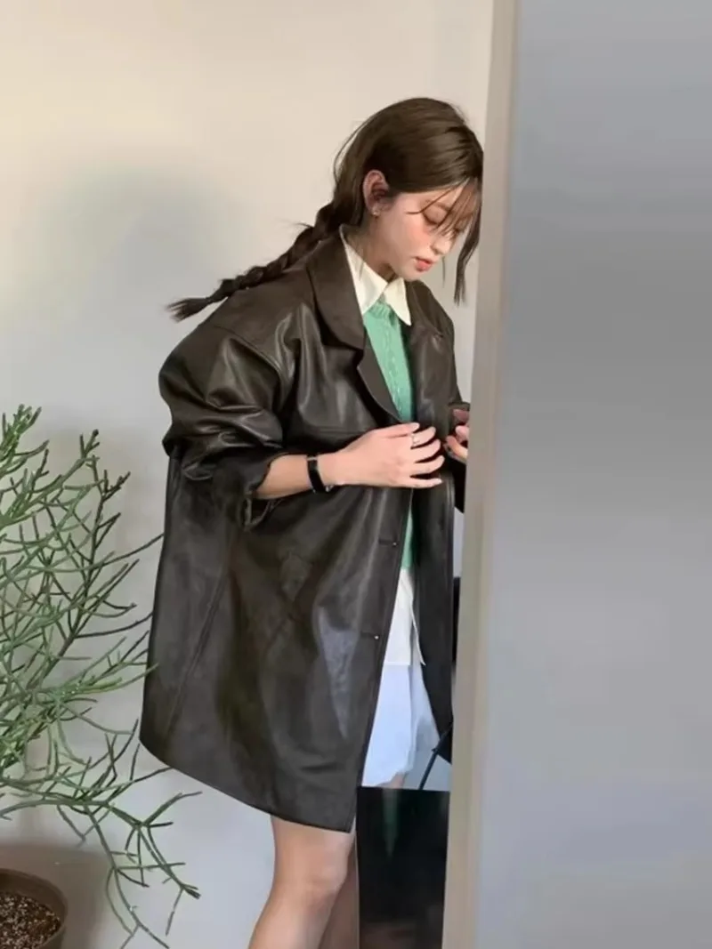 Женская винтажная куртка с длинным рукавом из ПУ кожи