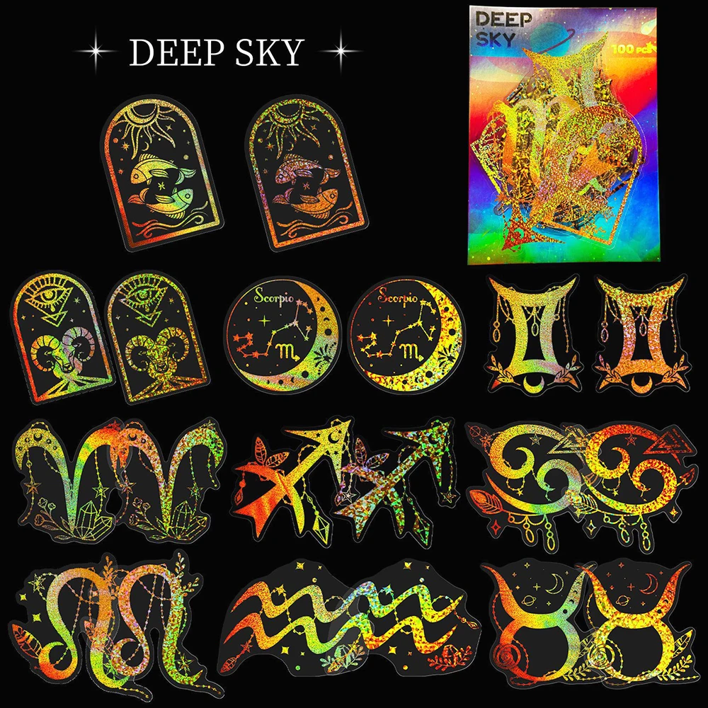 

100Pcs Transparent Gold Color Laser Deep Sky Graffiti Stickers Luggage Laptop Scrapbooking Helmet DIY Comics Sticker Party Gift