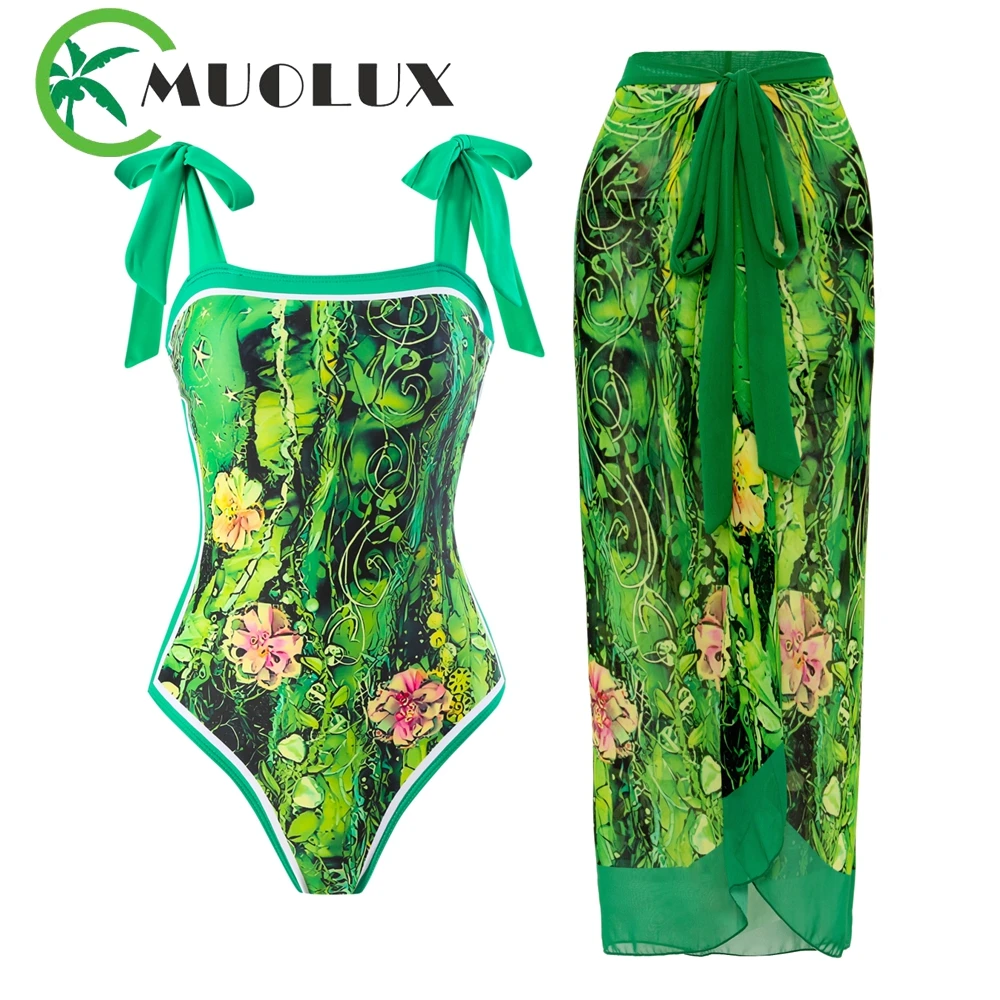 MUOLUX New 2023 Sexy One Piece Swimsuit Women Vintage Swimwear Summer Dress Green Print Monokini Skirt Beach Bath Suit Cover Up