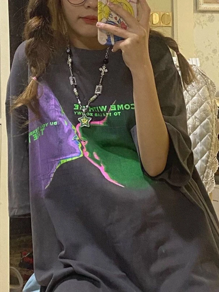 

Женская футболка в стиле Харадзюку, серая промытая хлопковая летняя футболка с коротким рукавом, новинка 2022, женская футболка, универсальны...