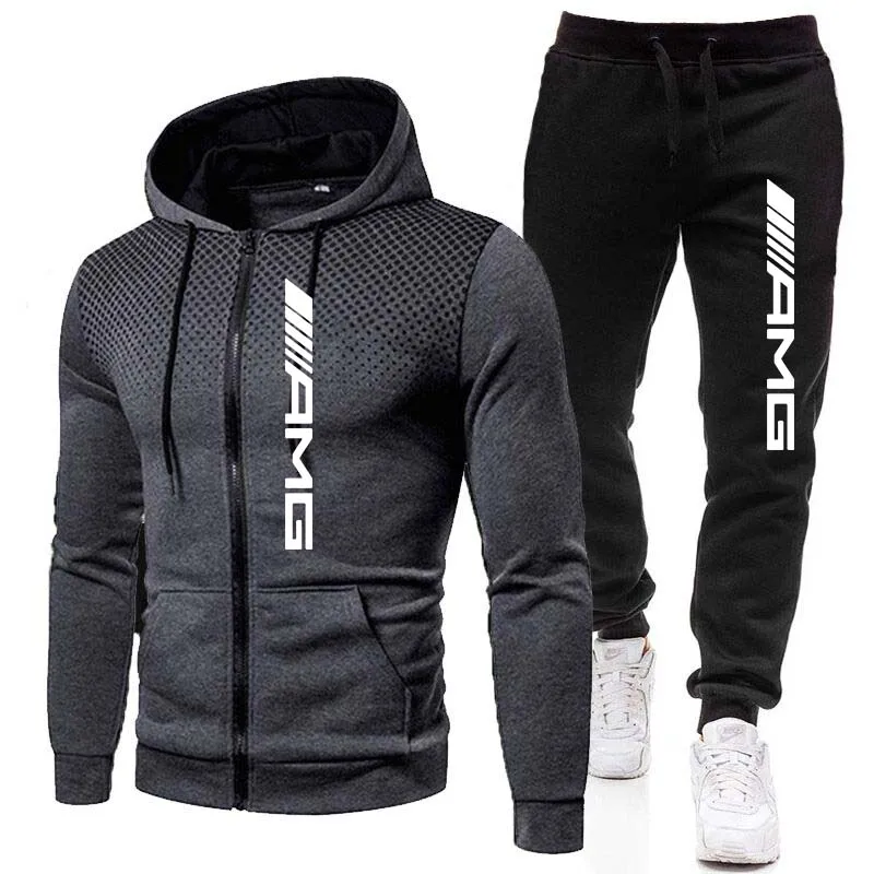 

Комплект спортивной одежды AMG мужской, флисовая толстовка с капюшоном и надписью, повседневные спортивные штаны, спортивный костюм