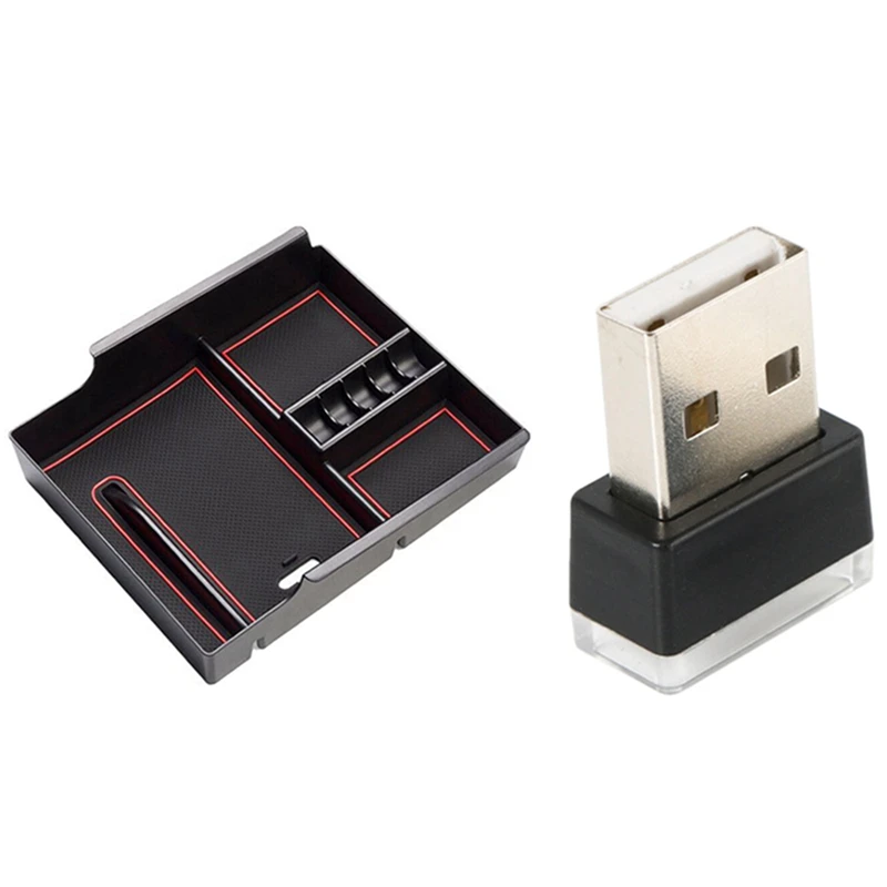 

1 Set Armrest Storage Box Cup Holder Tray Pallet Container & 1 Pcs Car Light Car Interior Usb Atmosphere Light