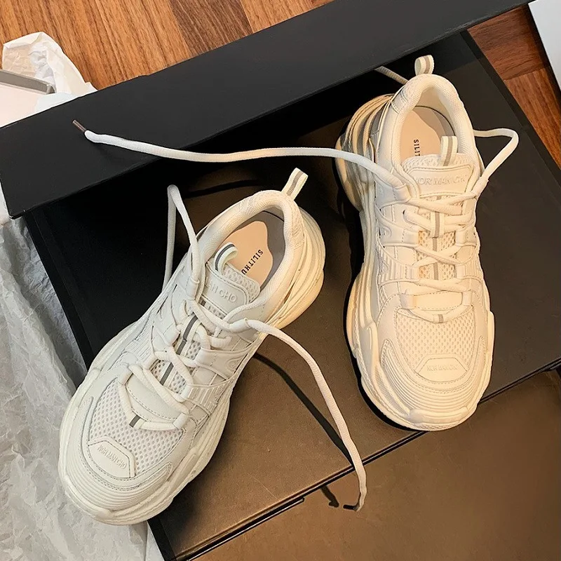 

Women's Sneakers Shoes Spring Thin Lace-Up Comfort Mesh Panel Shoes Women's Thick Sole Daddy Shoes Small White Sneakers