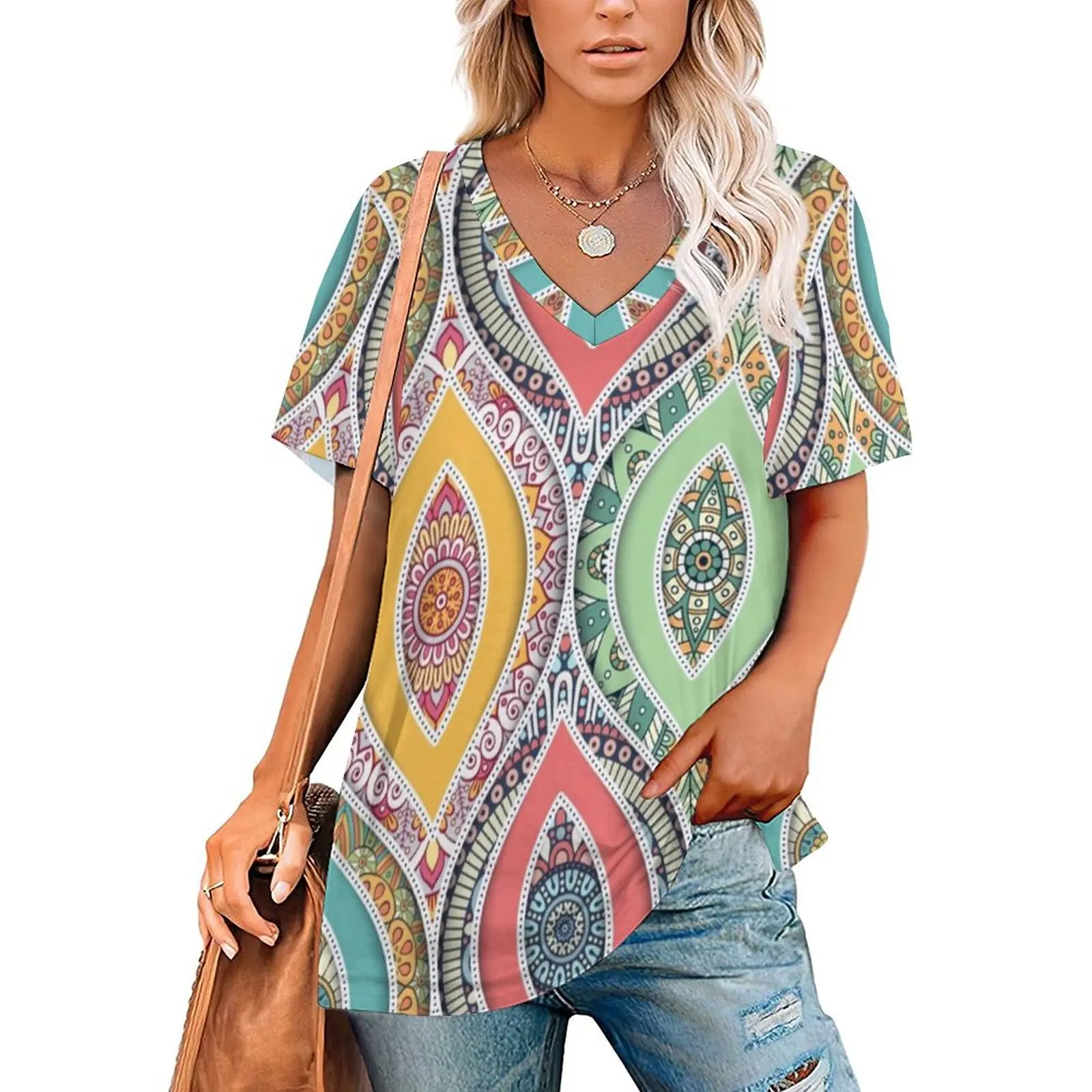

Bohemian Indian T Shirt Retro Hippie Print Hip Hop T Shirts V Neck Short Sleeve Pattern Tshirt Female Casual Top Tees 3XL 4XL