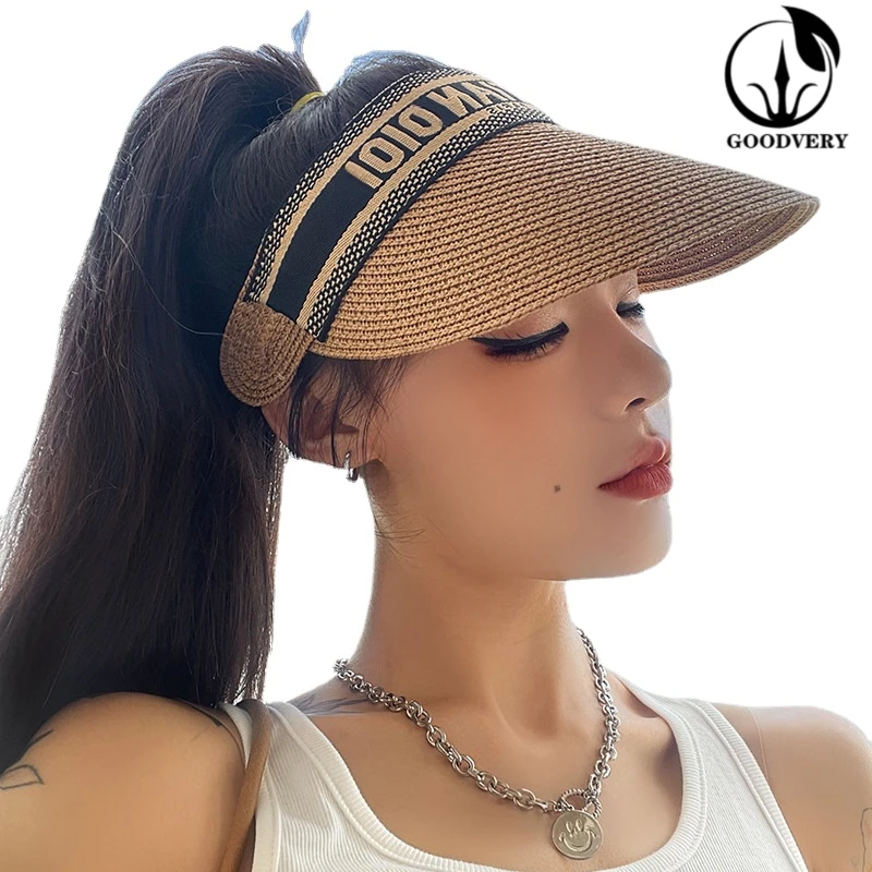 Простая Летняя женская Солнцезащитная шляпа GOODVERYSummer с защитой от уф, женская уличная шляпа с козырьком, соломенная шляпа ручной работы, пов...