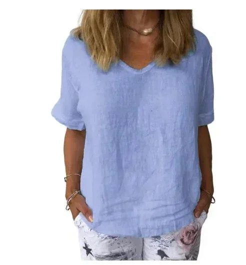 Женский свободный однотонный топ из хлопка и льна с v-образным вырезом короткими