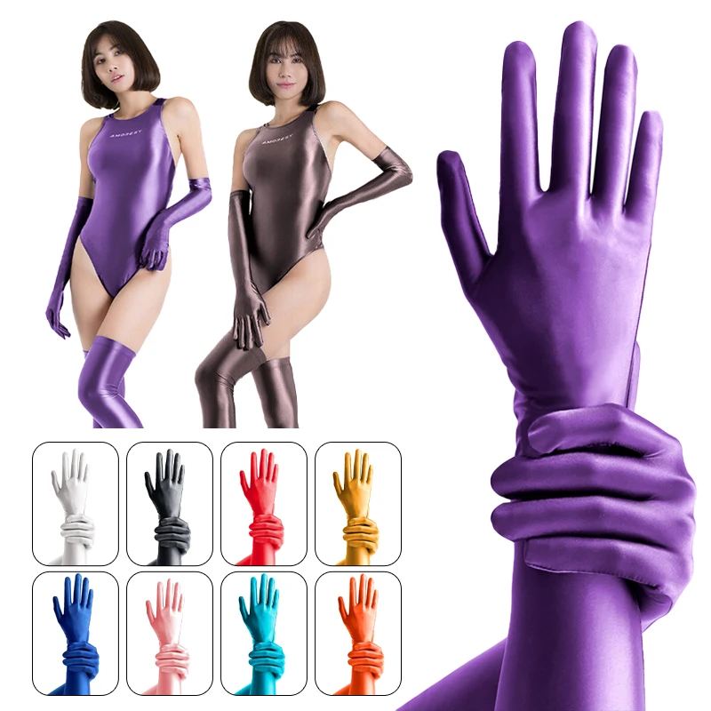 Women Oil Shiny Glossy Gloves High Elastic Sexy Sunscreen Bright Mittens Prom Icy Silky Five Finger Long Sleeve Gloves Role Play