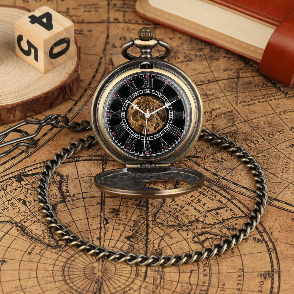 Bronze Half Wing Display Mechanical Pocket Watch Roman Numerals Dial Vintage Fob Chain Pendant Men Clock Hand Winding Timepiece