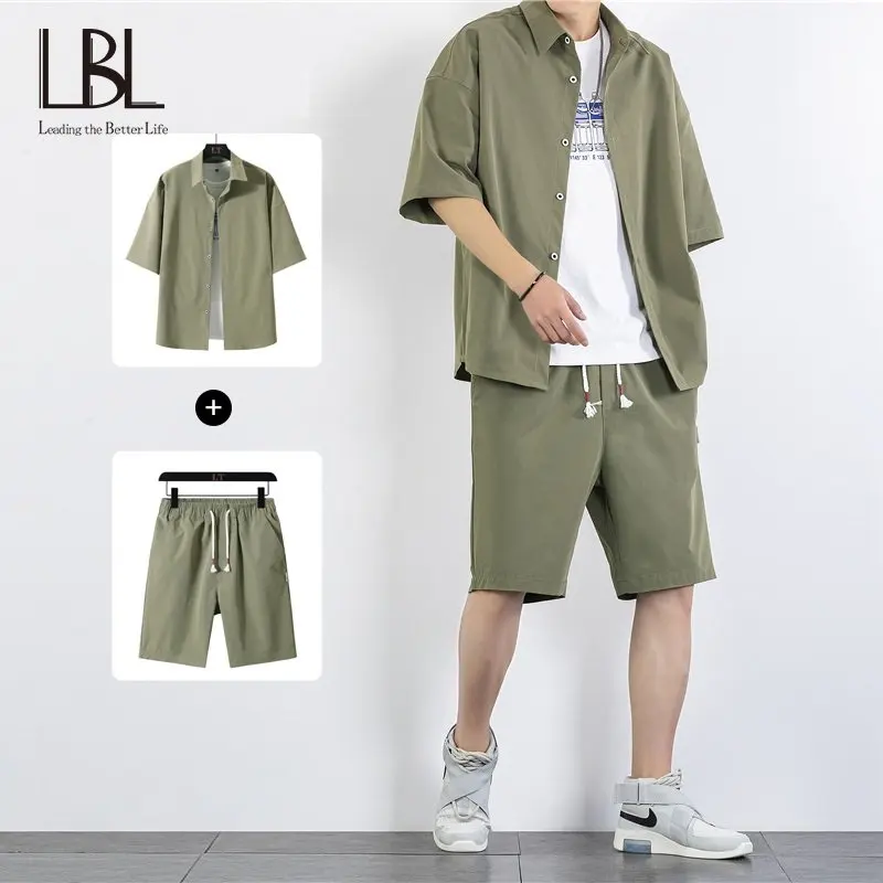 2023 Summer New Short Sleeve Shirt Set Harajuku Solid Color Shirt + Short Two-piece Casual Male Shirts Tracksuit Streetwear Suit