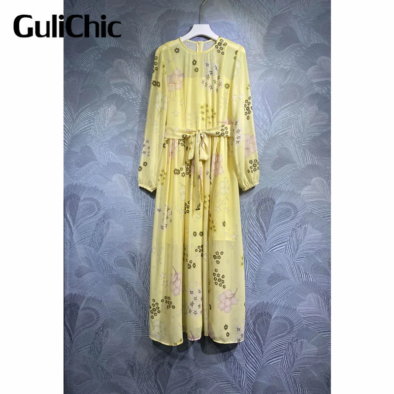 

5.18 GuliChic Women Temperament Fashion Star Floral Print O-Neck Bow Lace-Up Collect Waist Dress With Spaghetti Strap Lining
