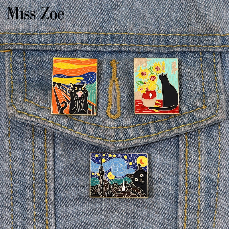 Cats in Oil Painting Enamel Pin Custom Funny Black Kitten Sunflower Brooch Lapel Badge Animal Jewelry Gift for Kids Friends