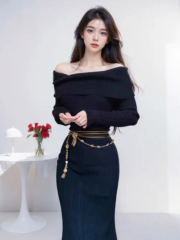 Необычные черные платья-свитера женское открытое платье весна 2025 года