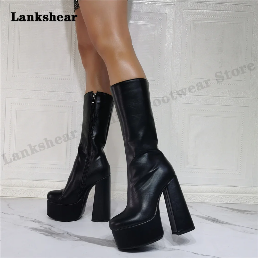 2022 New Women High Heel Boots Mid-Calf Boots Zipper Platform Ladies Shoes Women Boots Round Toe Platform Shoes