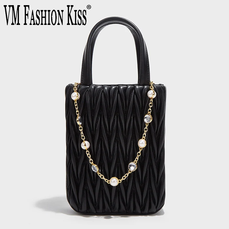 VM FASHION KISS 2022 Popular Pleated Handbag Women's Bag Split Women Leather Handbags Pearl Chain Shoulder Bag Money Mini Purse