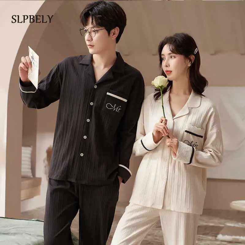 

SLPBELY Cotton Couple Pajamas Set Homesuit Spring Lapel Couple's Nightwear Pyjamas Simple Lover Cardigan Sleepwear Homewear Cute