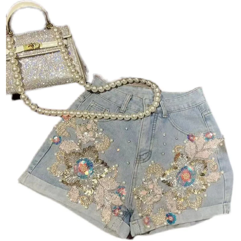 Korean Sweet Heavy Industry Beads Sequined Flower High Waist Denim Shorts Summer Shorts for Women's Loose Slimming Casual Shorts