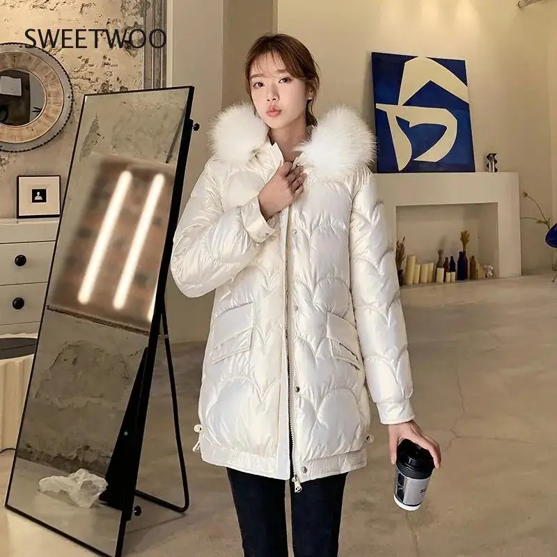2022 New Winter Jacket Women Coats Parkas Glossy Fur Collar Hooded Overcoat Thick Warm Female Long Cotton Padded Parka Jackets