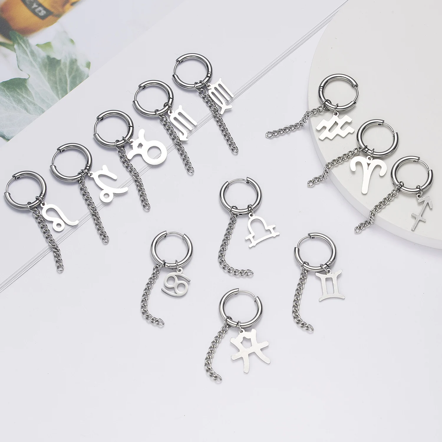 

1 PC Punk Stainless Steel Zodiac Hoop Earring for Men Silver Color 12 Constellation Chain Dangle Cool Jewelry Huggies Gifts
