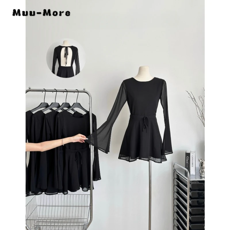 

Женское Повседневное платье-трапеция средней длины, однотонное черное Привлекательное платье со шнуровкой и длинным рукавом, с круглым вырезом и высокой талией, Осень-зима 2023