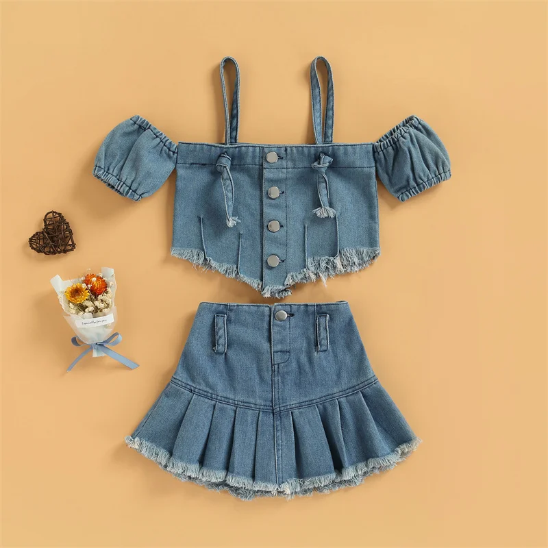 

Kids Girl's Two-Piece Suit Kid Girl Short Sleeve Button Down Sling Denim Crop Tops + Skirt Summer 2 Pieces Set