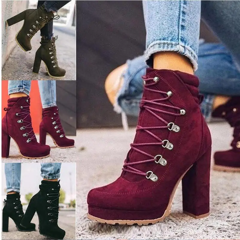 

Женские ботильоны из флока с заклепками, осенние модные привлекательные ботинки на высоком квадратном каблуке, со шнуровкой, Женская обувь ...