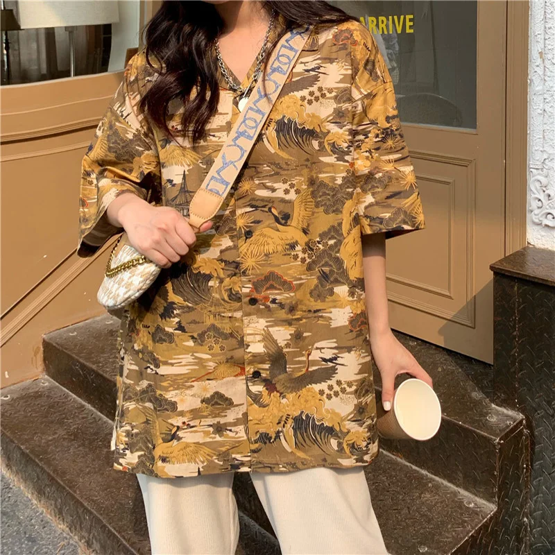 

Женская рубашка с коротким рукавом, кардиган с отложным воротником и принтом журавлей, свободная однобортная блузка в стиле High Street, большие ...