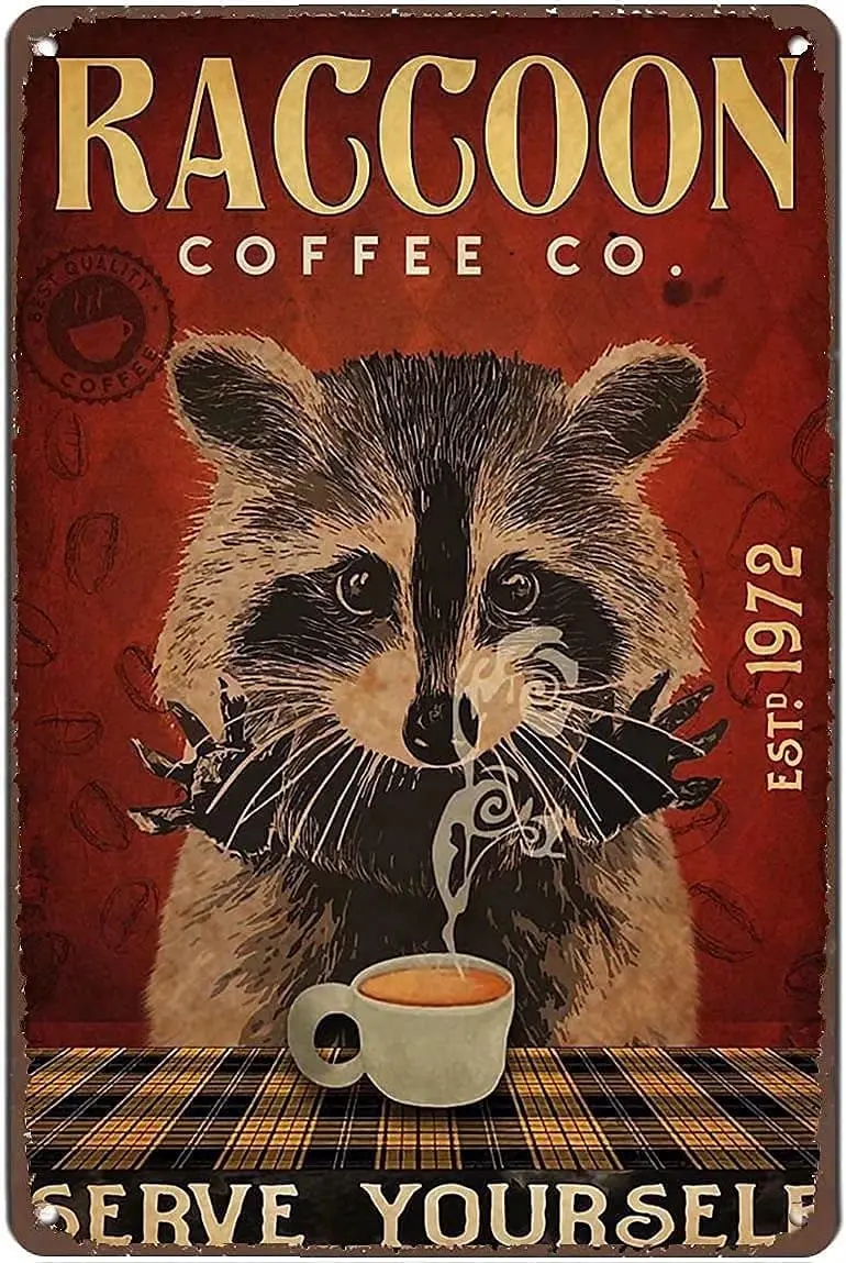 

New Raccoon Coffee Retro Metal Tin Signboard Office Home Classroom Decoration Gift Welcome Brand Home Decoration Farmhouse