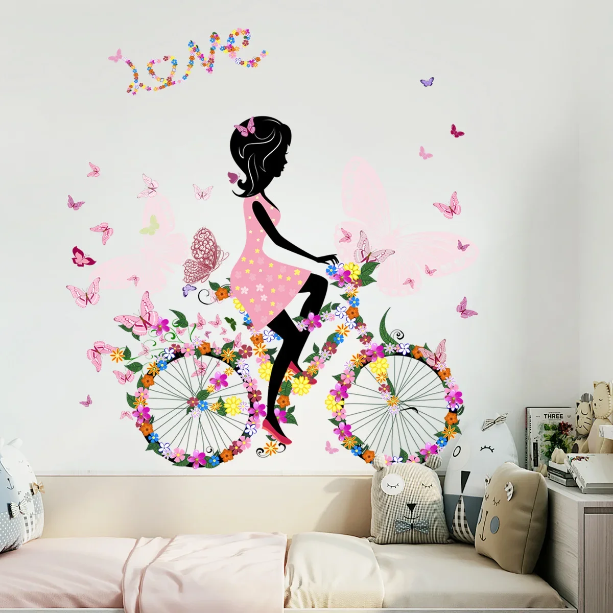 

Wall Stickers Beautiful Girl on Flower Bicycle Bedroom Removable Decals PVC Removable Decor for Girls Room Wall Art Decoration