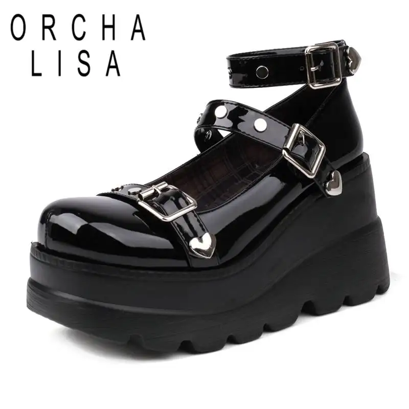 

ORCHA LISA Ladies Pumps Round Toe Chunky High Heels 9cm Platform 5cm Belt Buckles Punk Style Rivets Fashion Shoes Big Size 42 43