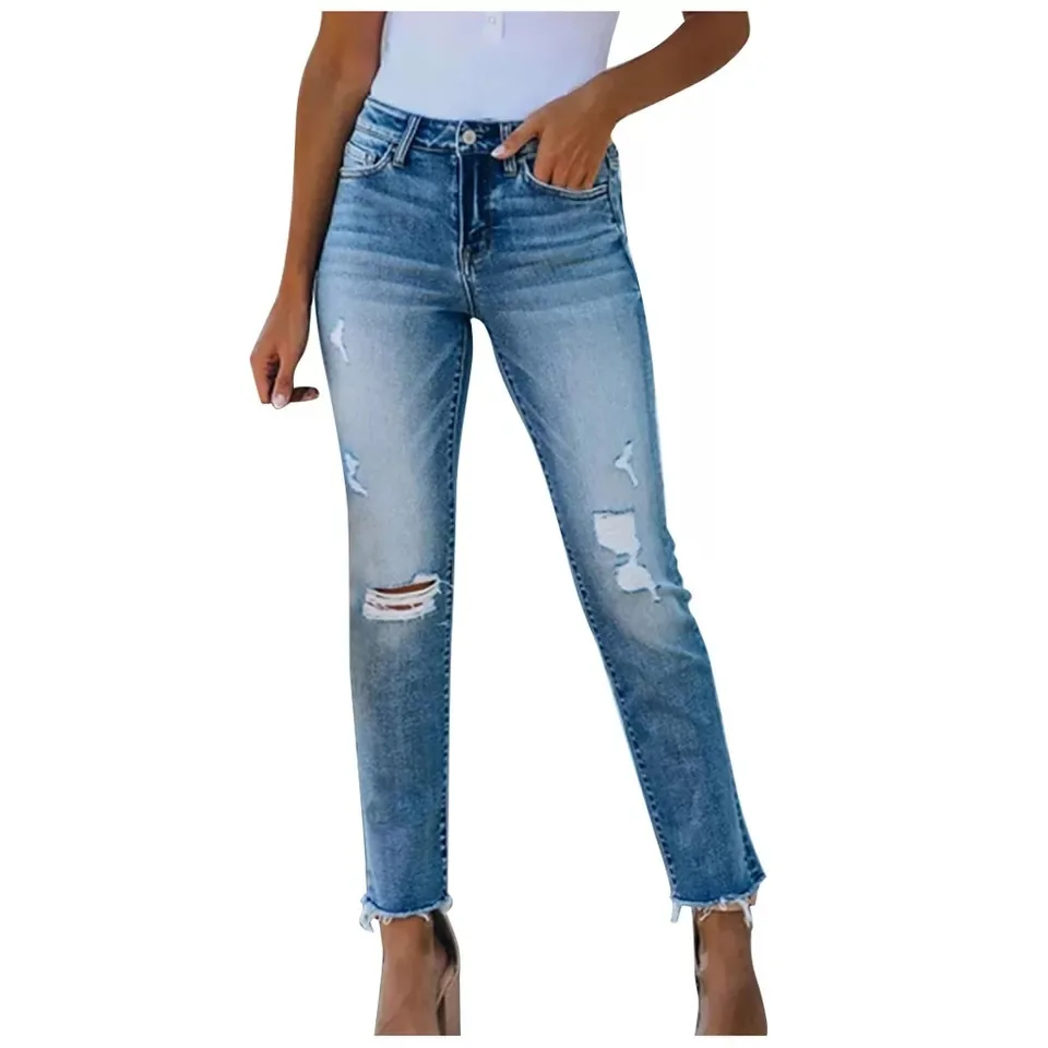 Vintage Blue High Waist Jeans Woman Slim Elastic Ripped Jeans 2023 Spring New Women Button Pocket Trousers