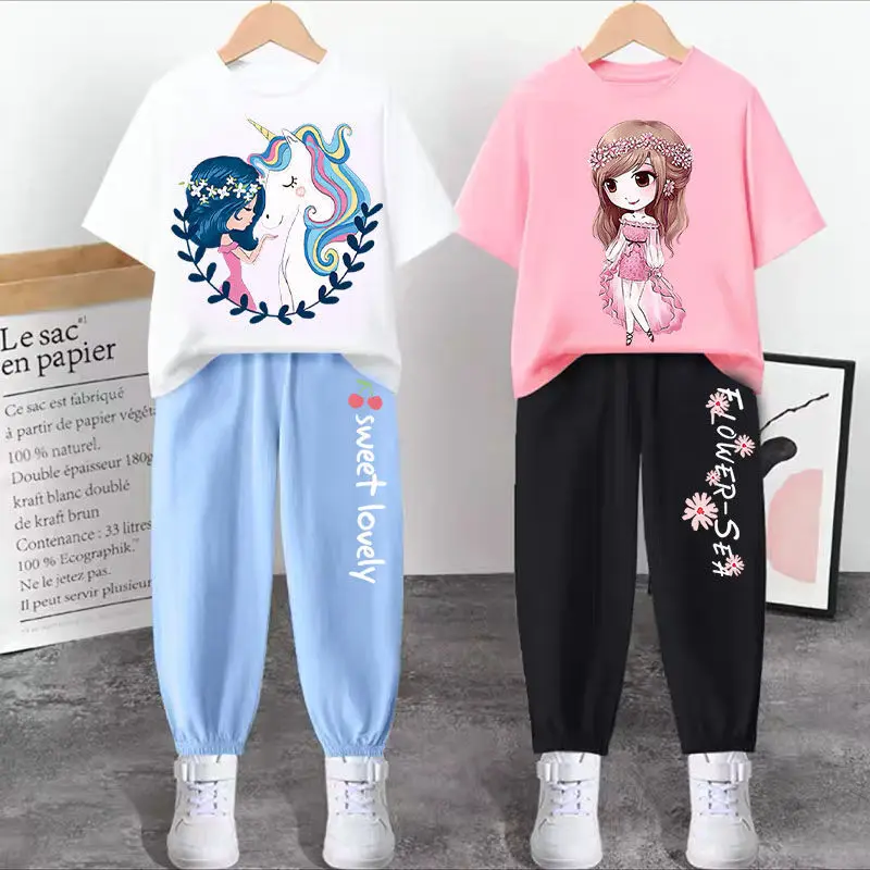 

Girls suits 2022 new trendy summer cotton short-sleeved T-shirt children's clothes girls Western style loose two-piece suit