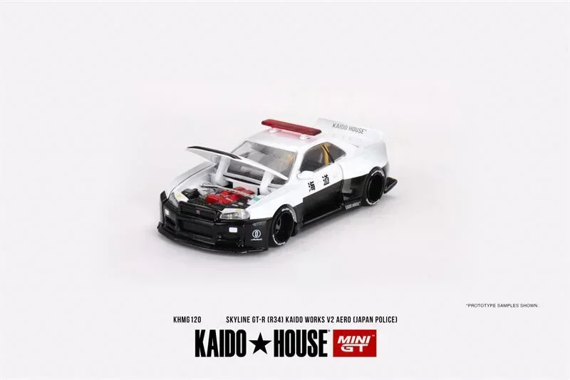 Kaido House x MINI GT 1:64 Skyline GT-R R34 Works (V2 Aero) Полицейская модель автомобиля под давлением