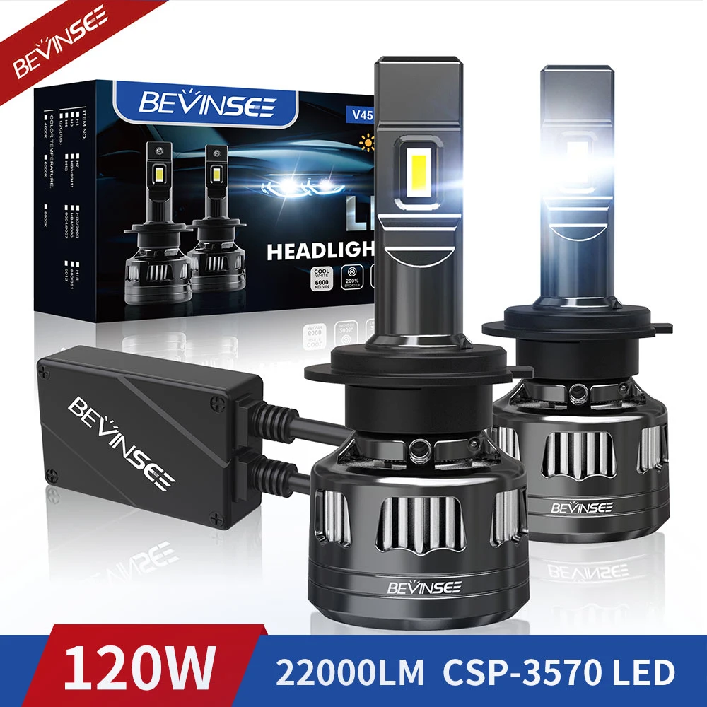 Bevinsee H4 H7 LED Canbus H11 H1 H3 9005 HB3 9006 HB4 H8 9012 LED Headlights 120W High Power 22000LM 6000K Car Headlamp Bulb V45