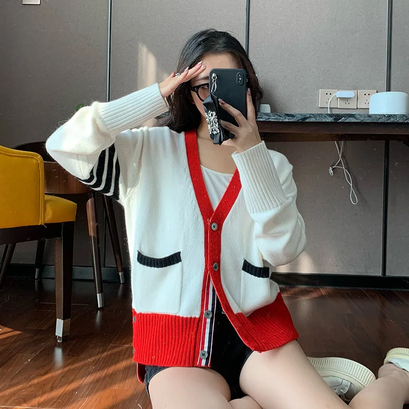

TB Contrast Stripe V-neck Knitted Cardigan Men's and Women's Wool Sweater Coat Korean Version Ins Style Top Fashion Label