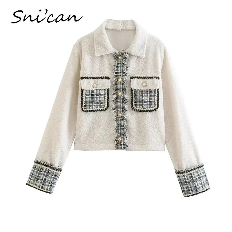 Beige Plaid Patchwork Short Jacket Coat Thick Winter Warm Woolen Tweed Office Ladies Blazer Mujer Female Outwear Tops Snican