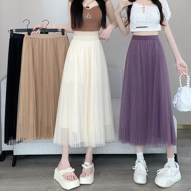 

2023Spring Summer Korean Fashion Long Dresses Women New Elastic High-waisted Skirt Female Elegant Slim Fit A-line Pleated Skirts