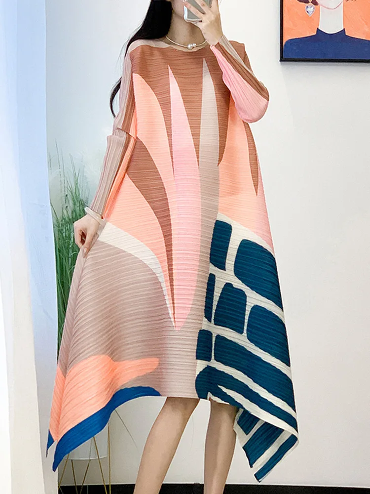 

Miyake Loose Large Casual Comfortable Fashion Dress Spring New High End Temperament Print Pleats