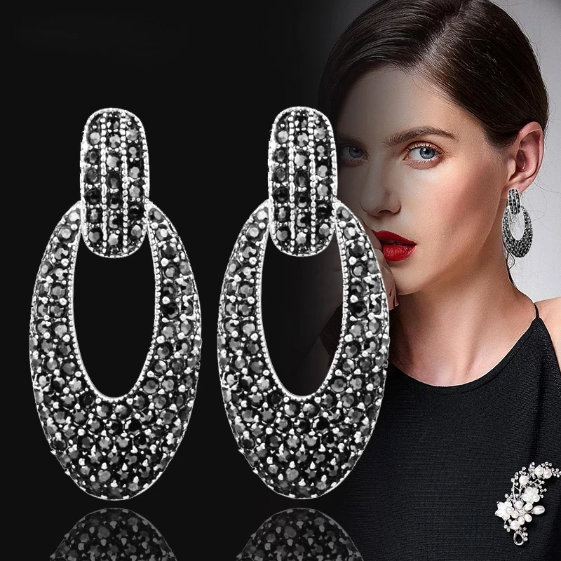 

SINLEERY Vintage Big Full Black Cubic Zirconia Hollow Oval Drop Earrings For Women Statement Earrings Retro Jewelry ZD1 SSB